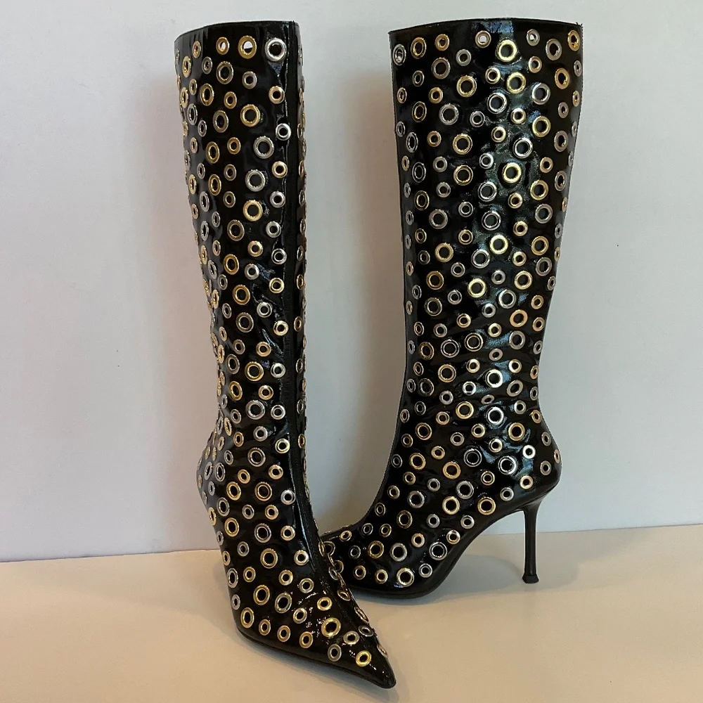 JEFFREY CAMPBELL Holey Pointed Toe Grommet Detail Tall Boots Size 7.5 NWT